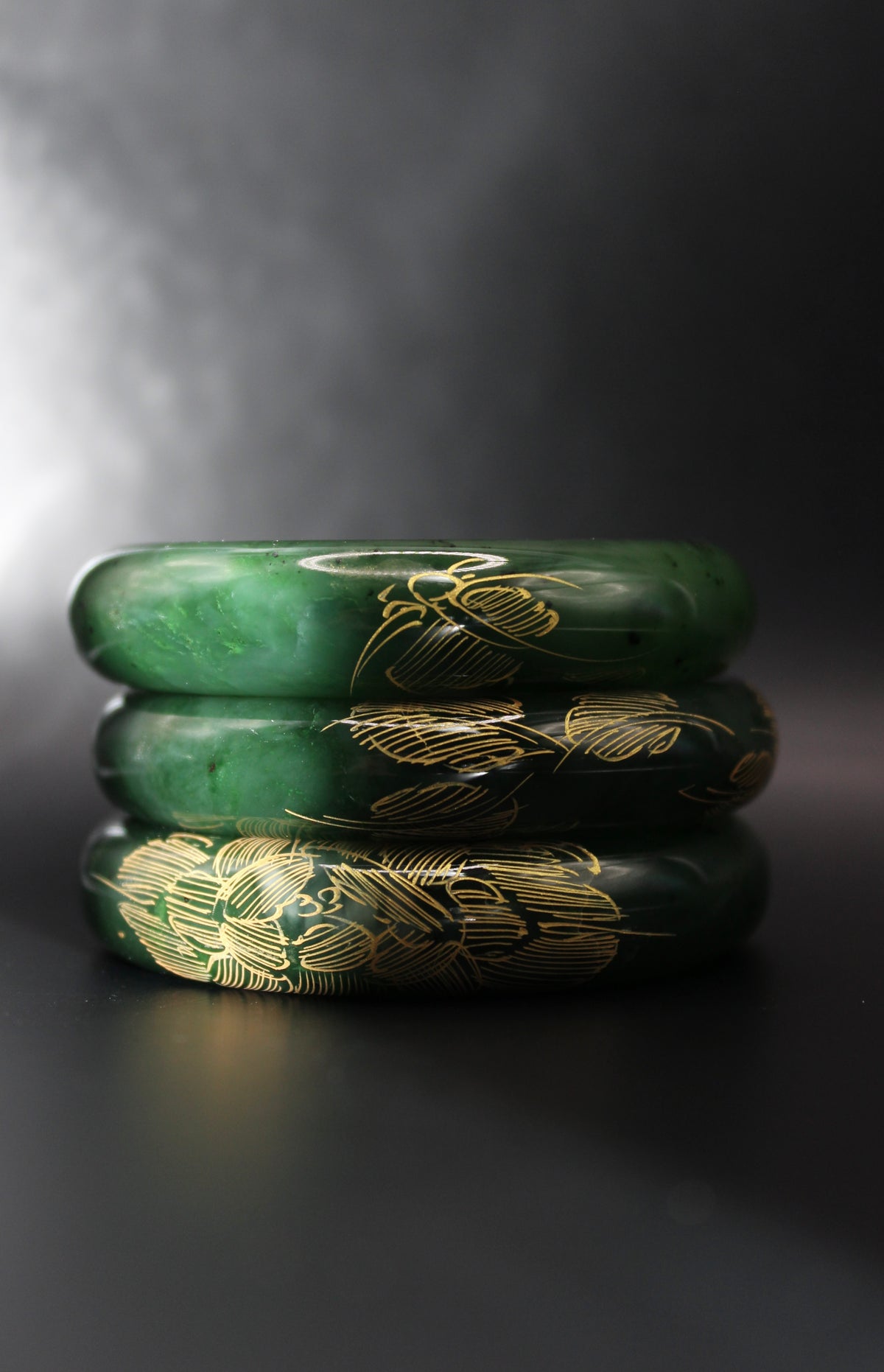 Gold Engraved Jade Green Bangle