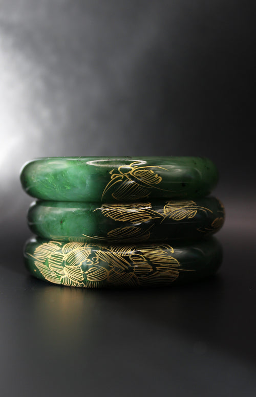 Gold Engraved Jade Green Bangle