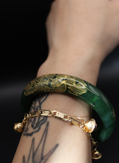 Gold Engraved Jade Green Bangle