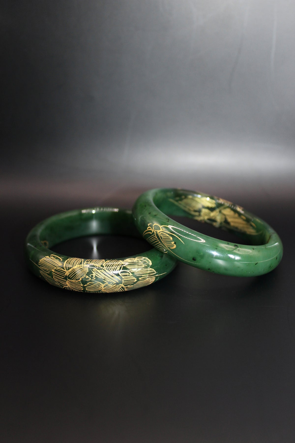 Gold Engraved Jade Green Bangle