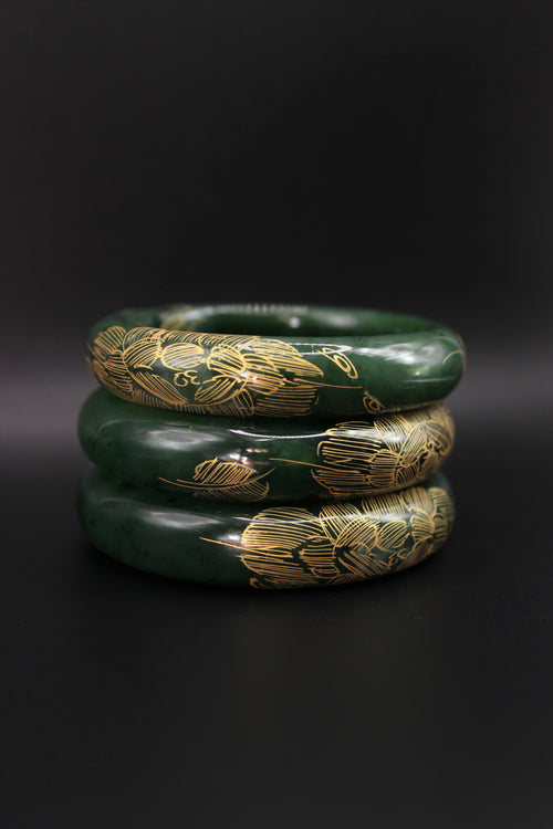 Gold Engraved Jade Green Bangle