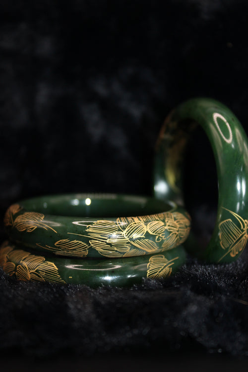 Gold Engraved Jade Green Bangle