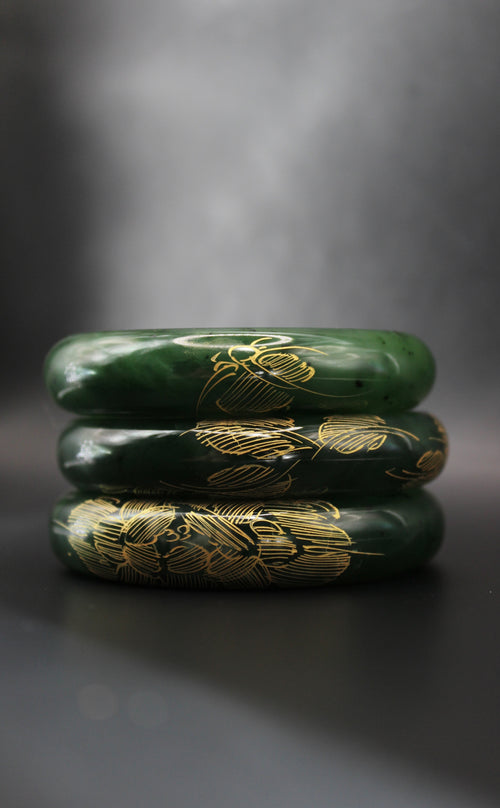 Gold Engraved Jade Green Bangle