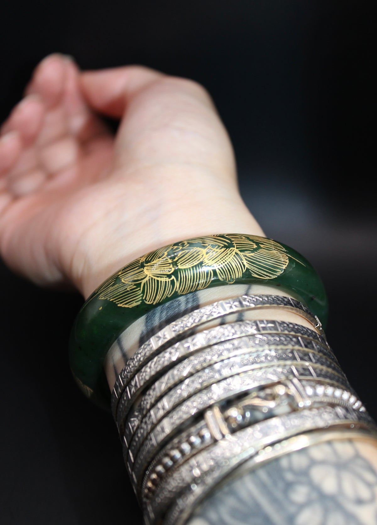 Gold Engraved Jade Green Bangle