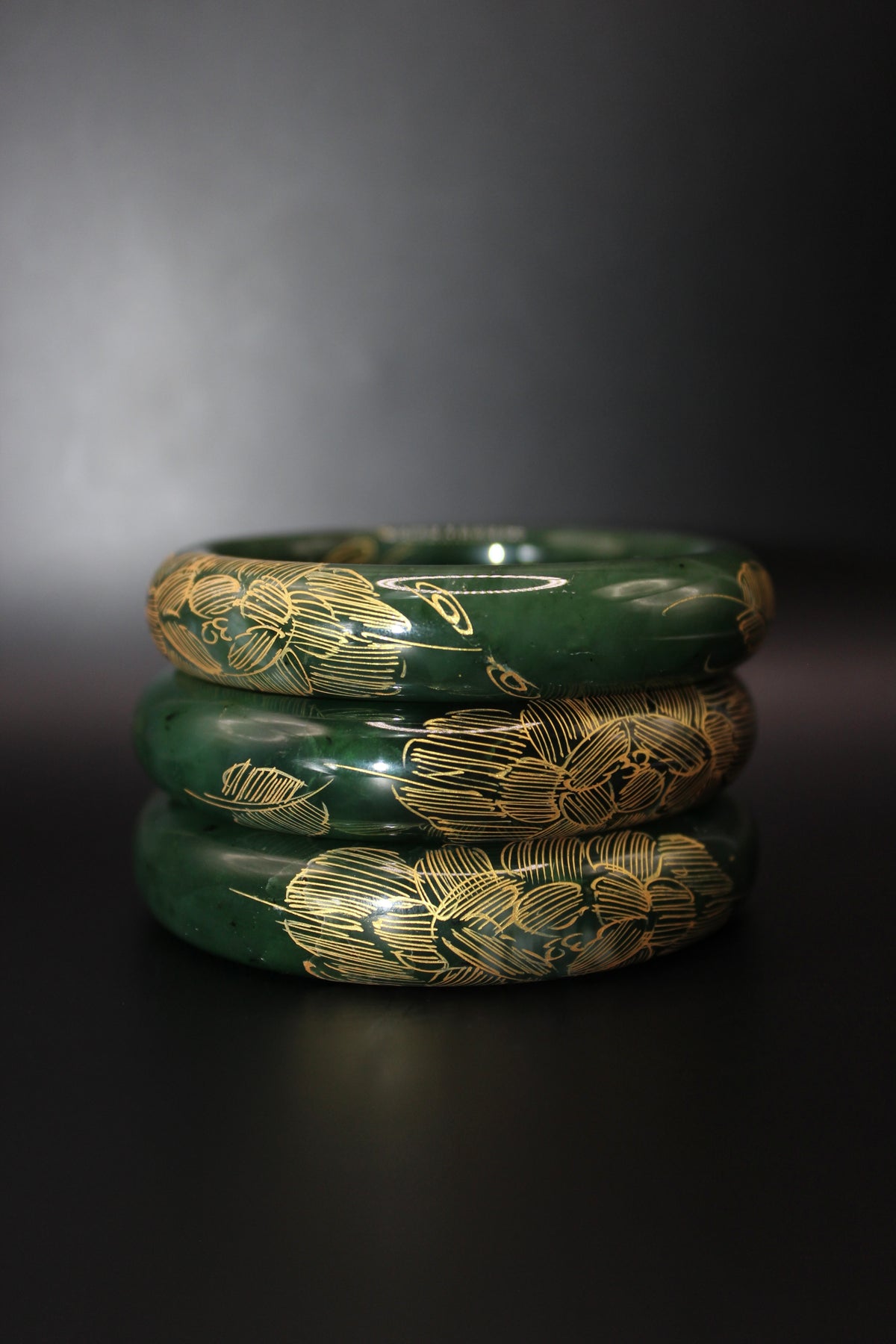 Gold Engraved Jade Green Bangle