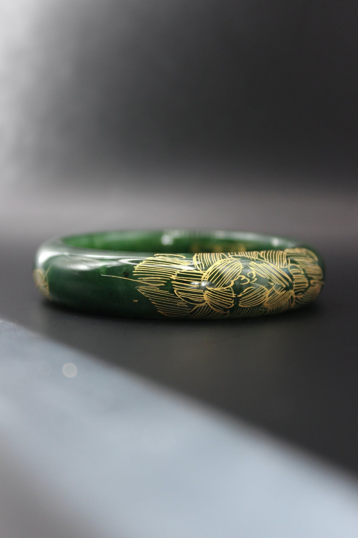 Gold Engraved Jade Green Bangle