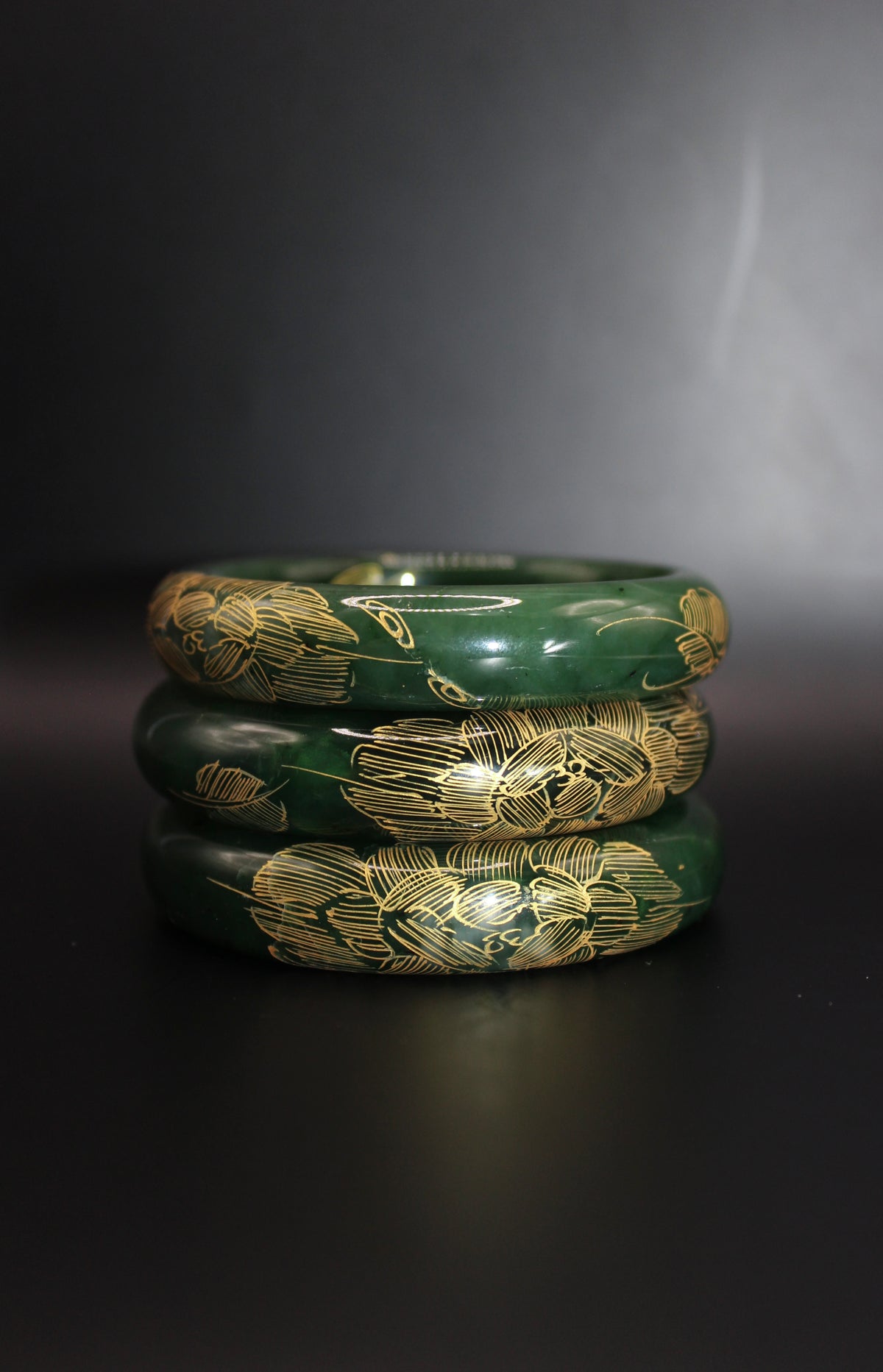 Gold Engraved Jade Green Bangle