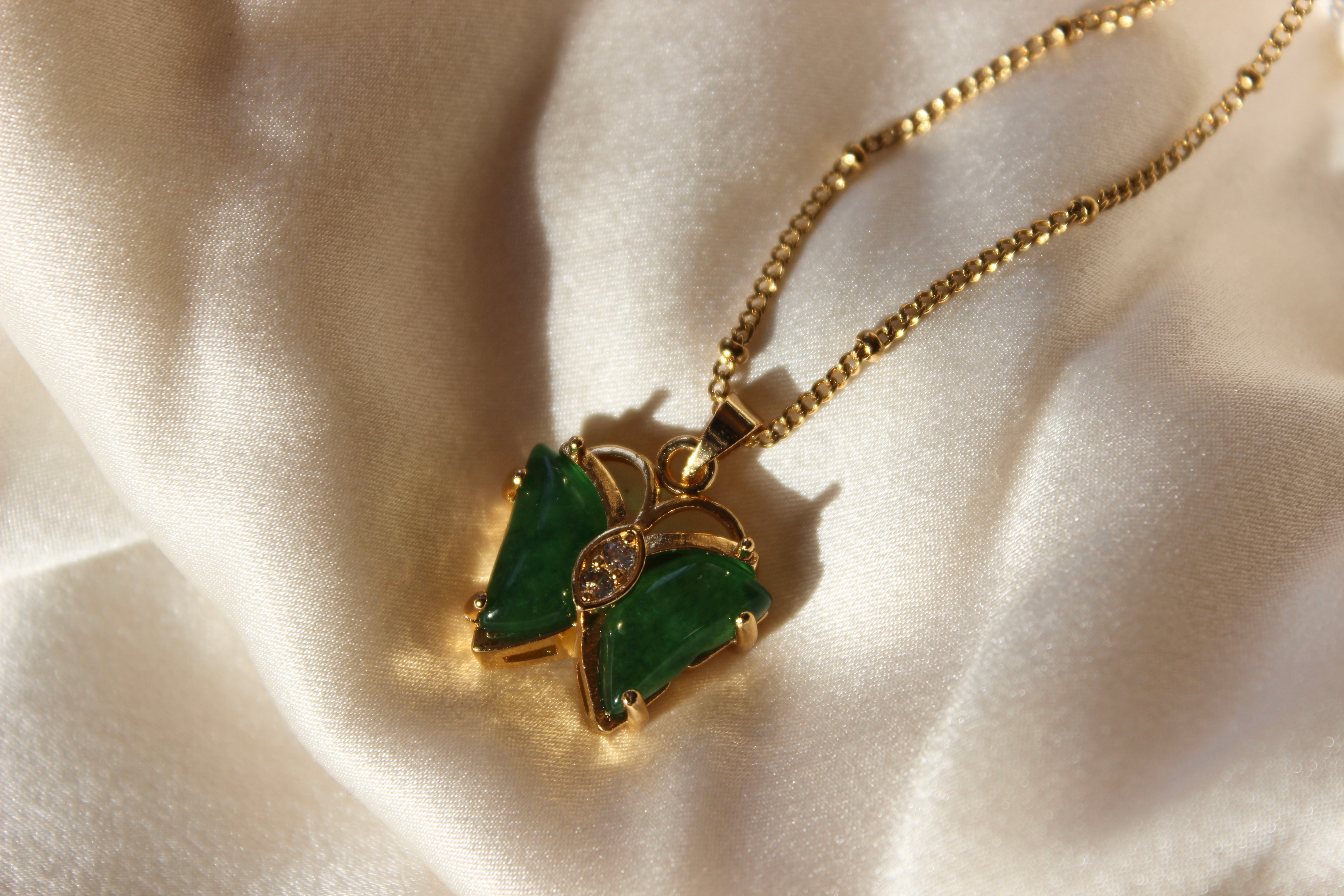 Beaded Chain Butterfly Jade Pendant Necklace