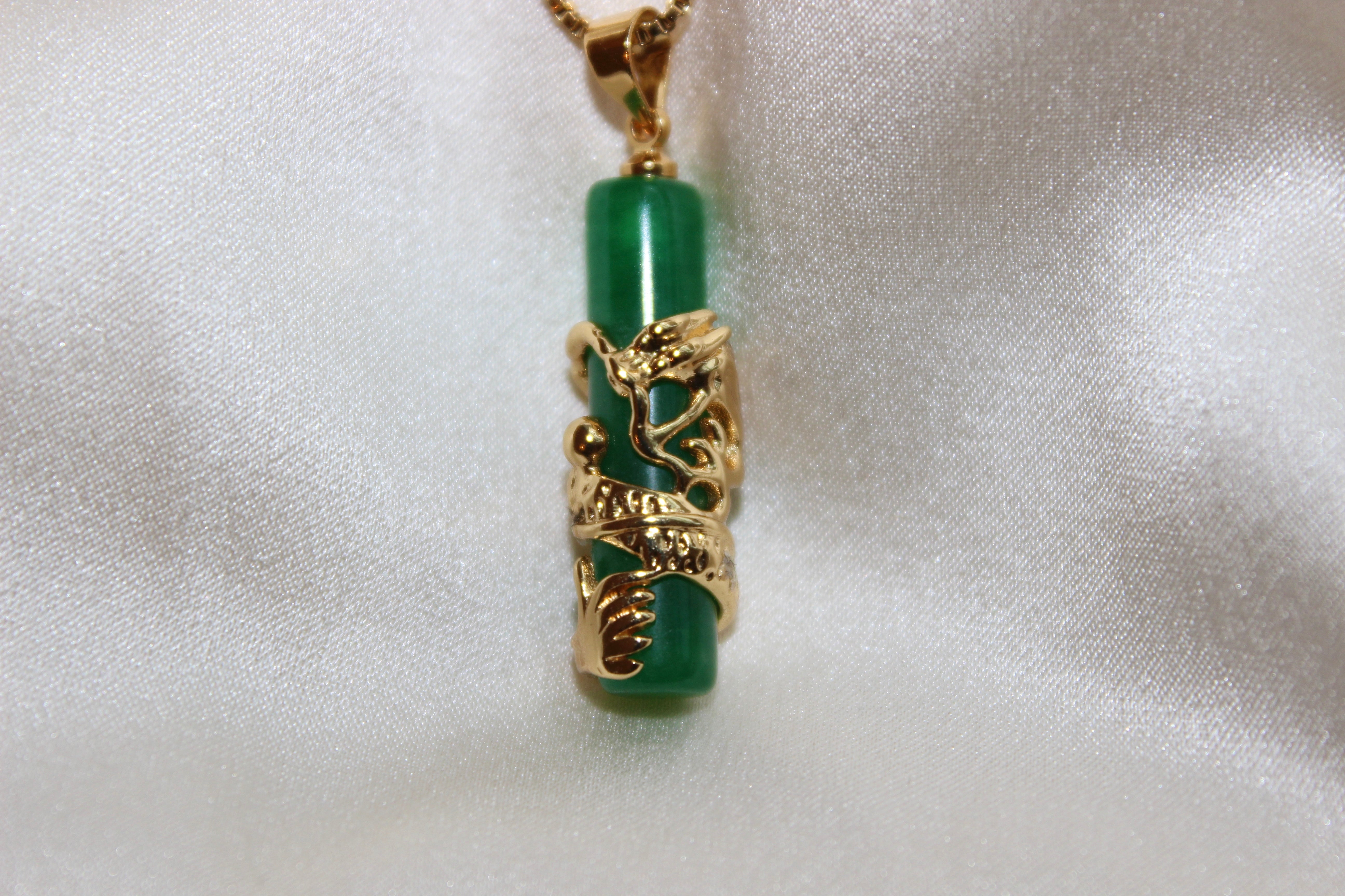 Gold Dragon Jade Cylinder Pendant Necklace