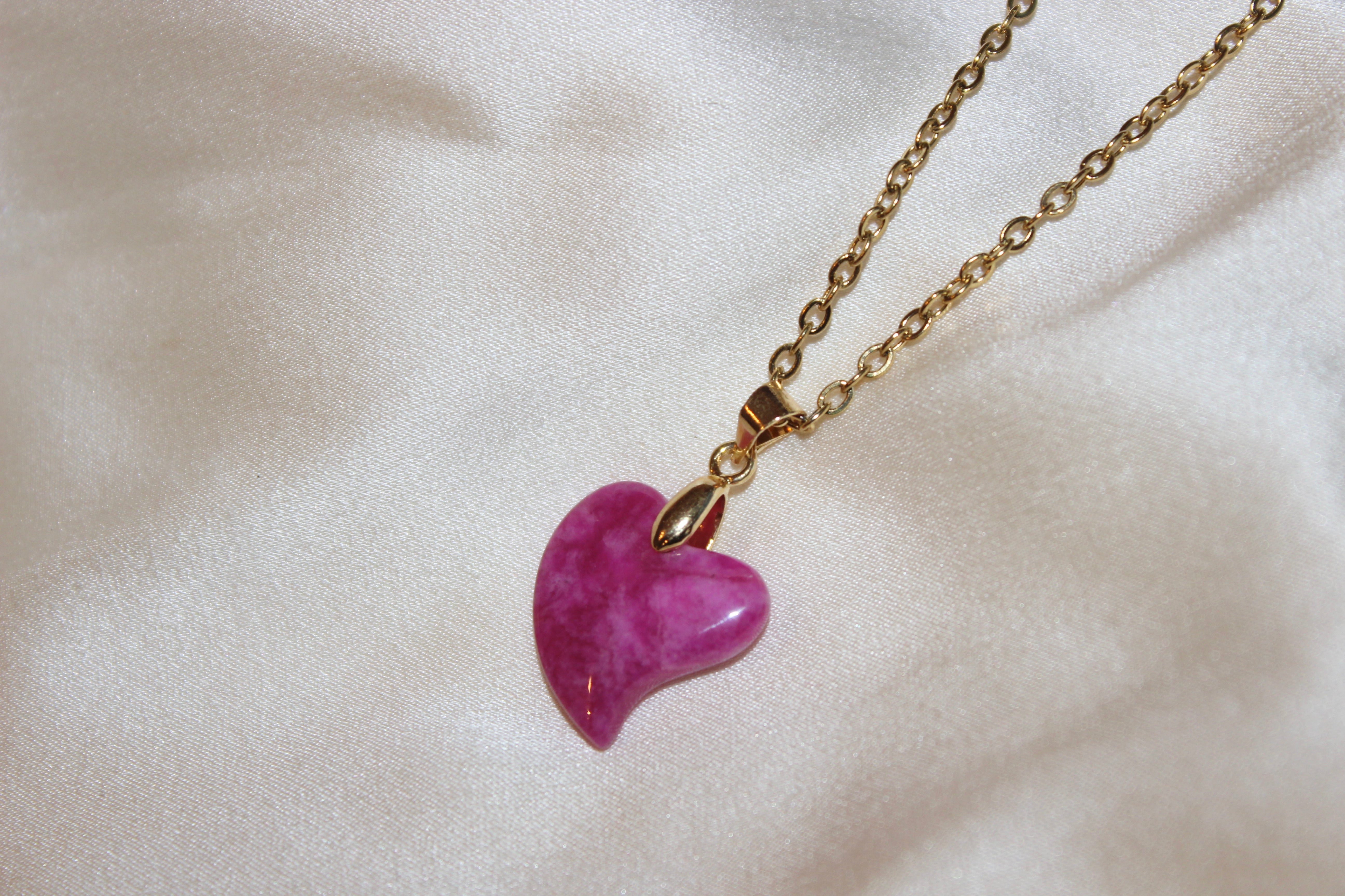 Pink Curved Heart Jade Pendant Necklace