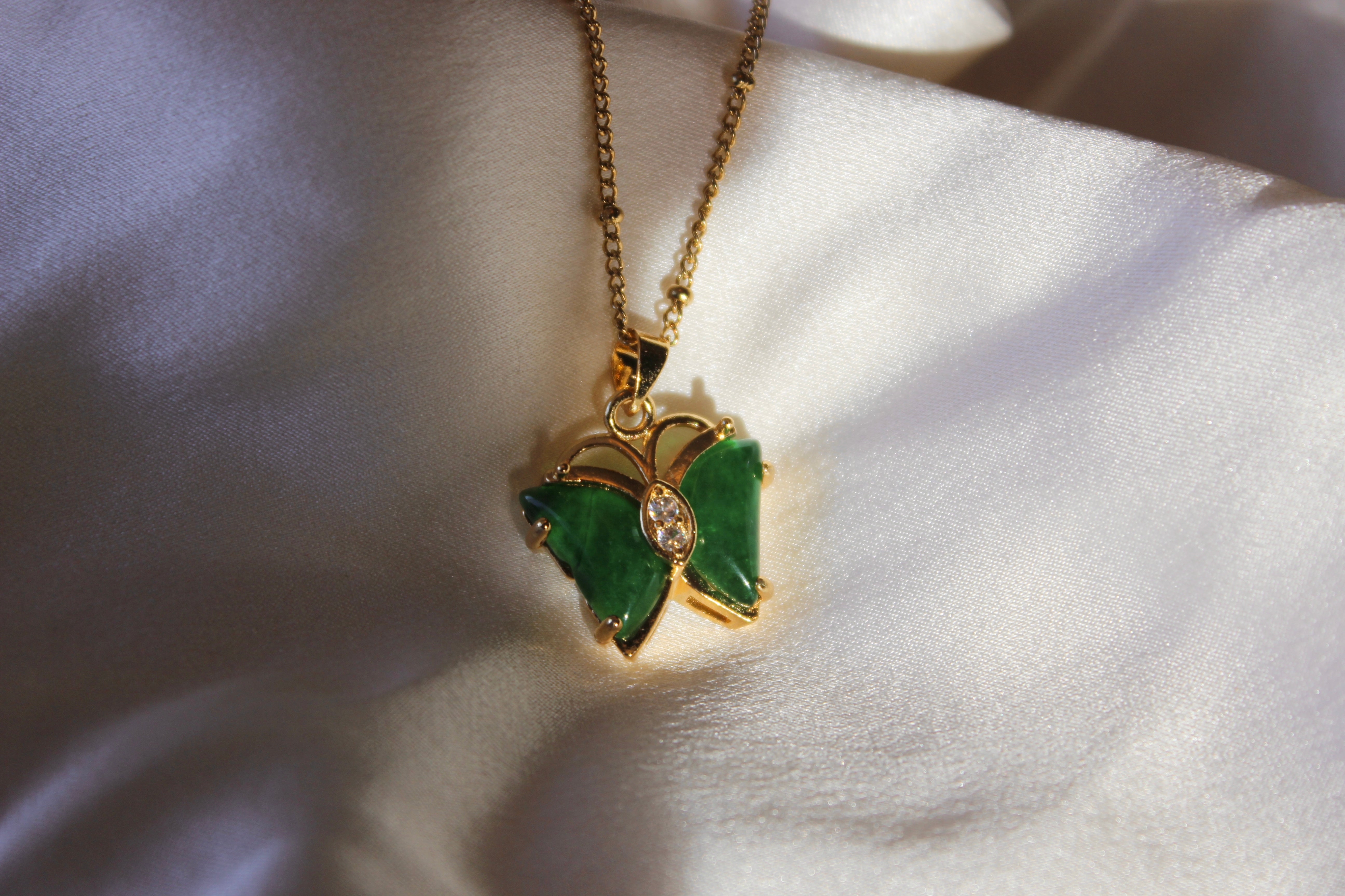 Beaded Chain Butterfly Jade Pendant Necklace