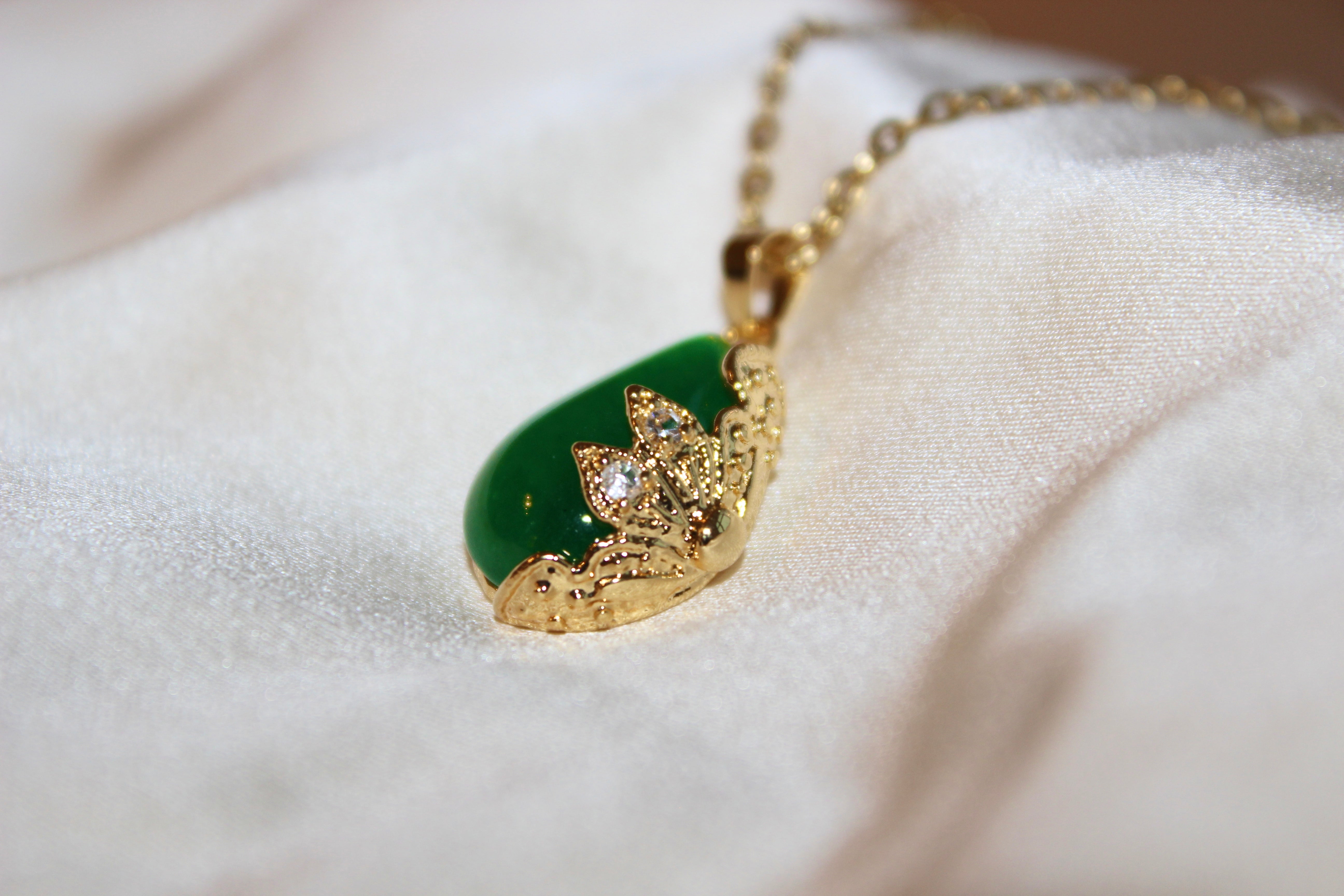 Gold Half Wrapped Teardrop Jade Pendant Necklace