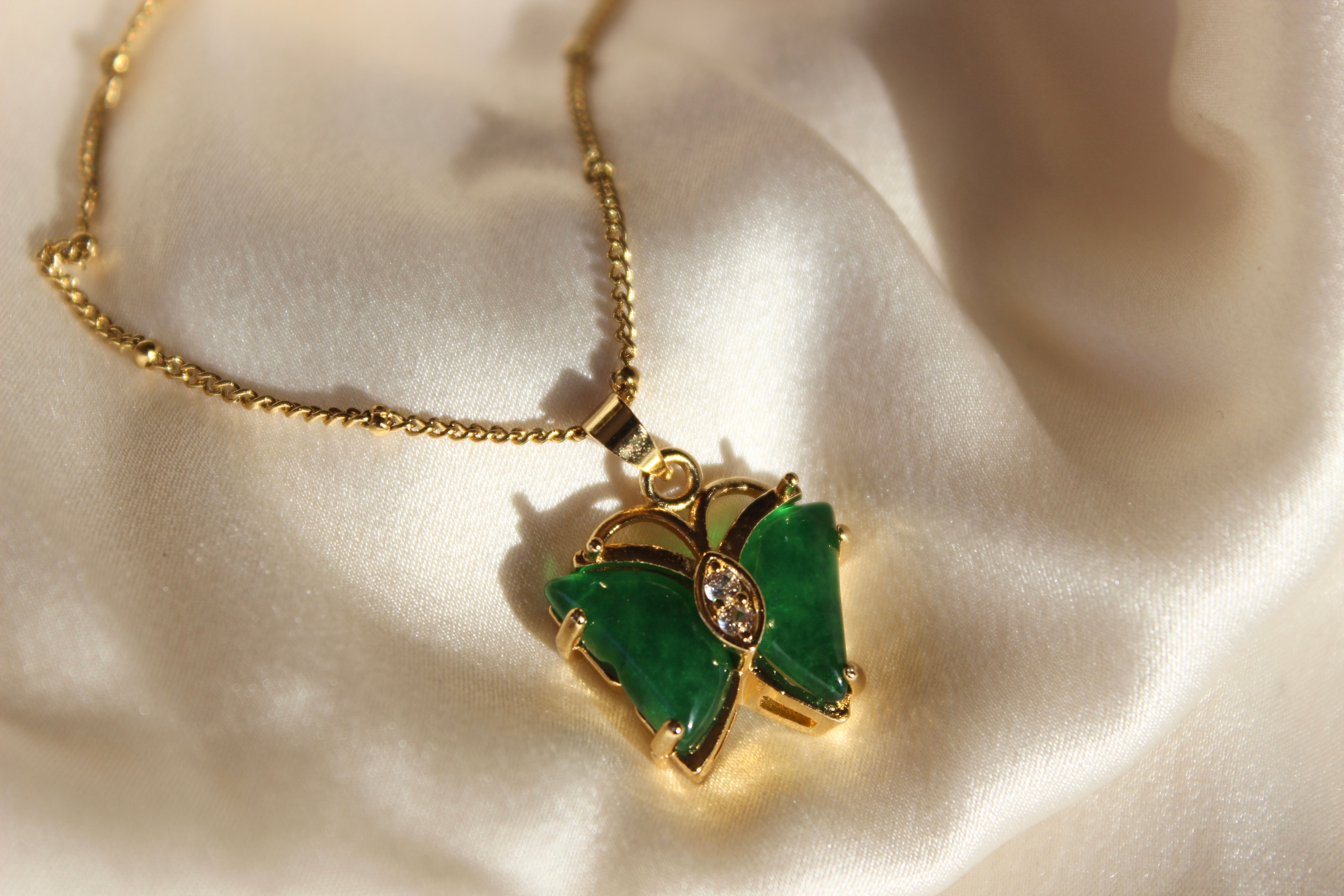 Beaded Chain Butterfly Jade Pendant Necklace