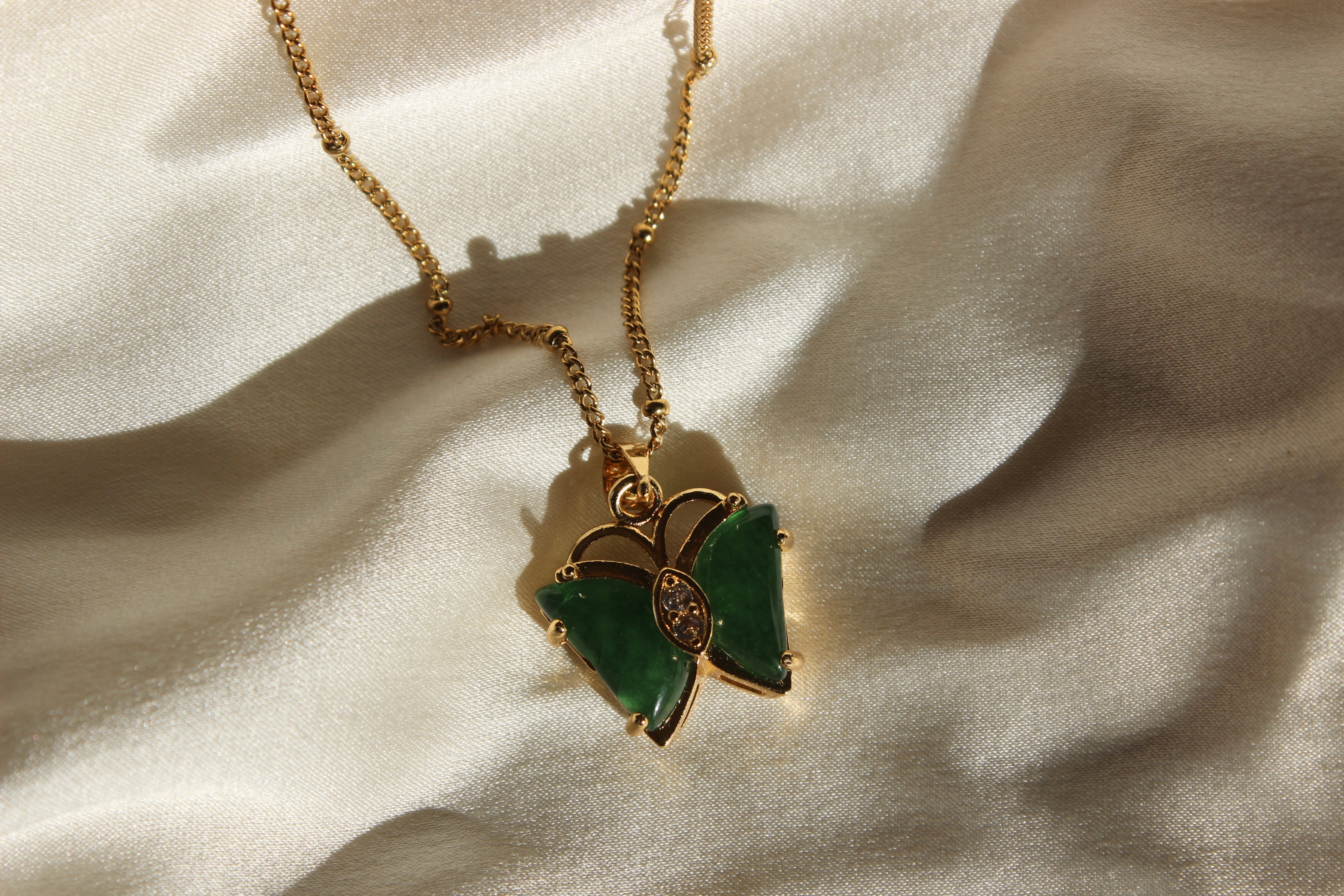 Beaded Chain Butterfly Jade Pendant Necklace