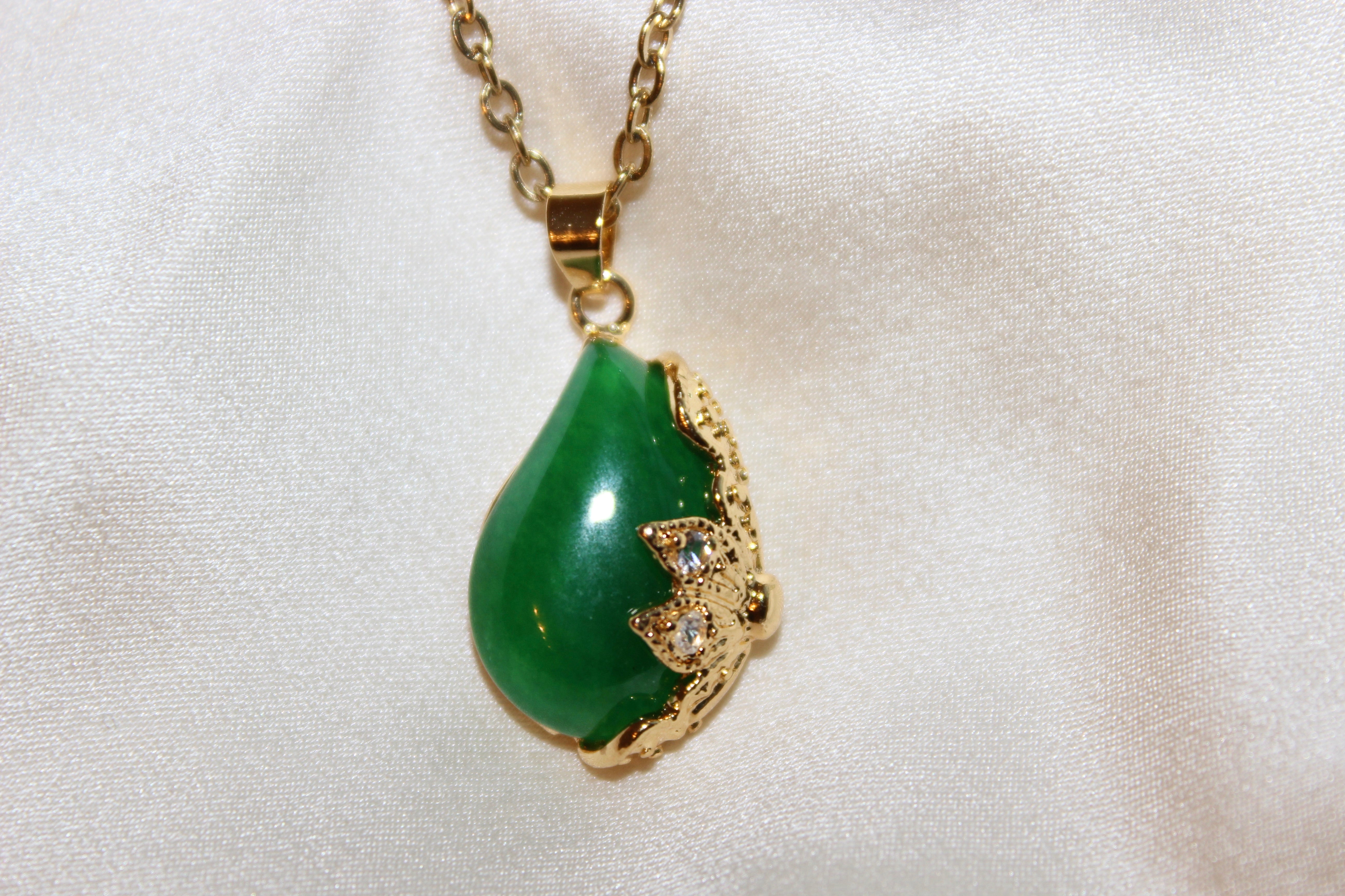 Gold Half Wrapped Teardrop Jade Pendant Necklace