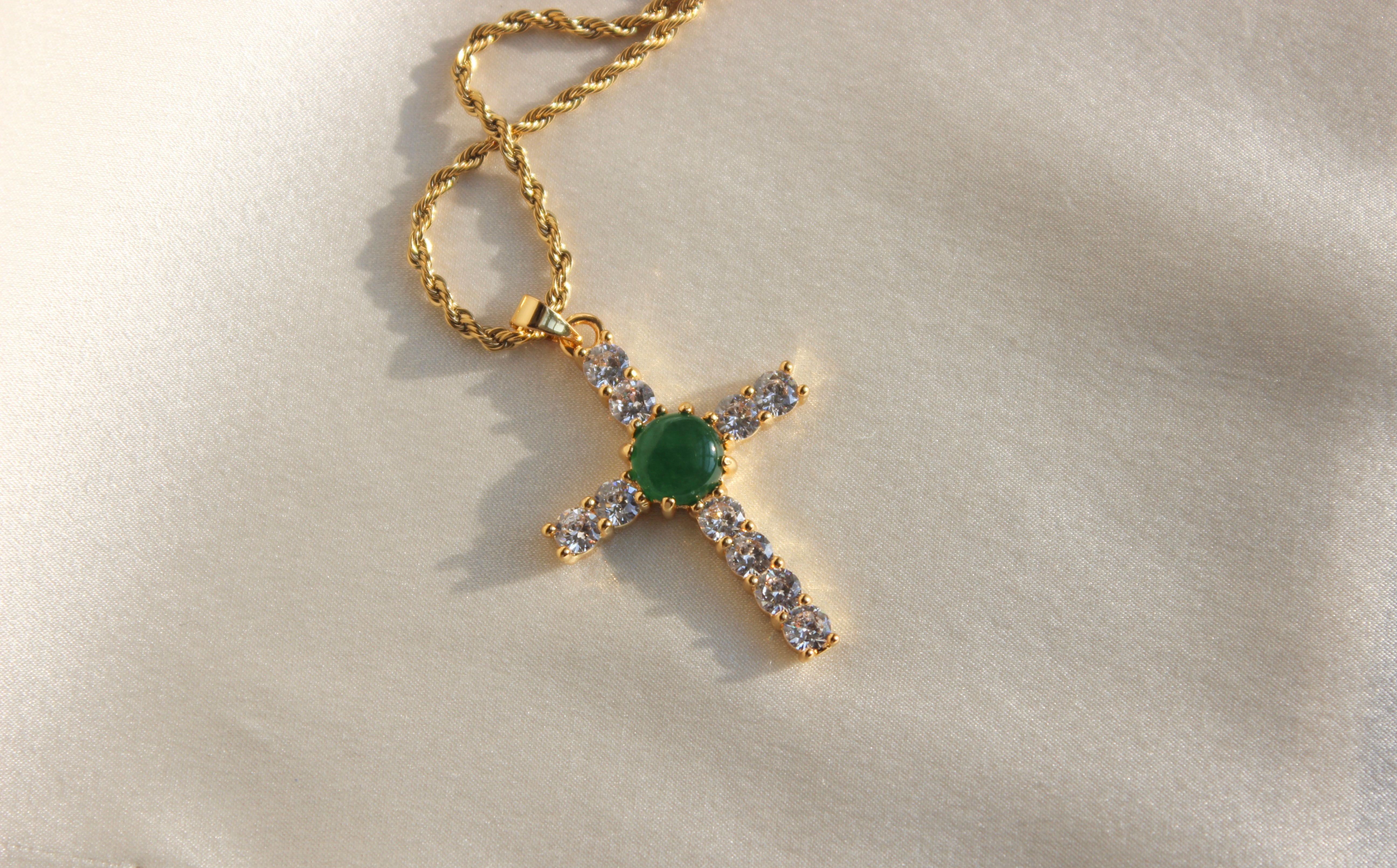 Diamond Cross Jade Pendant Necklace