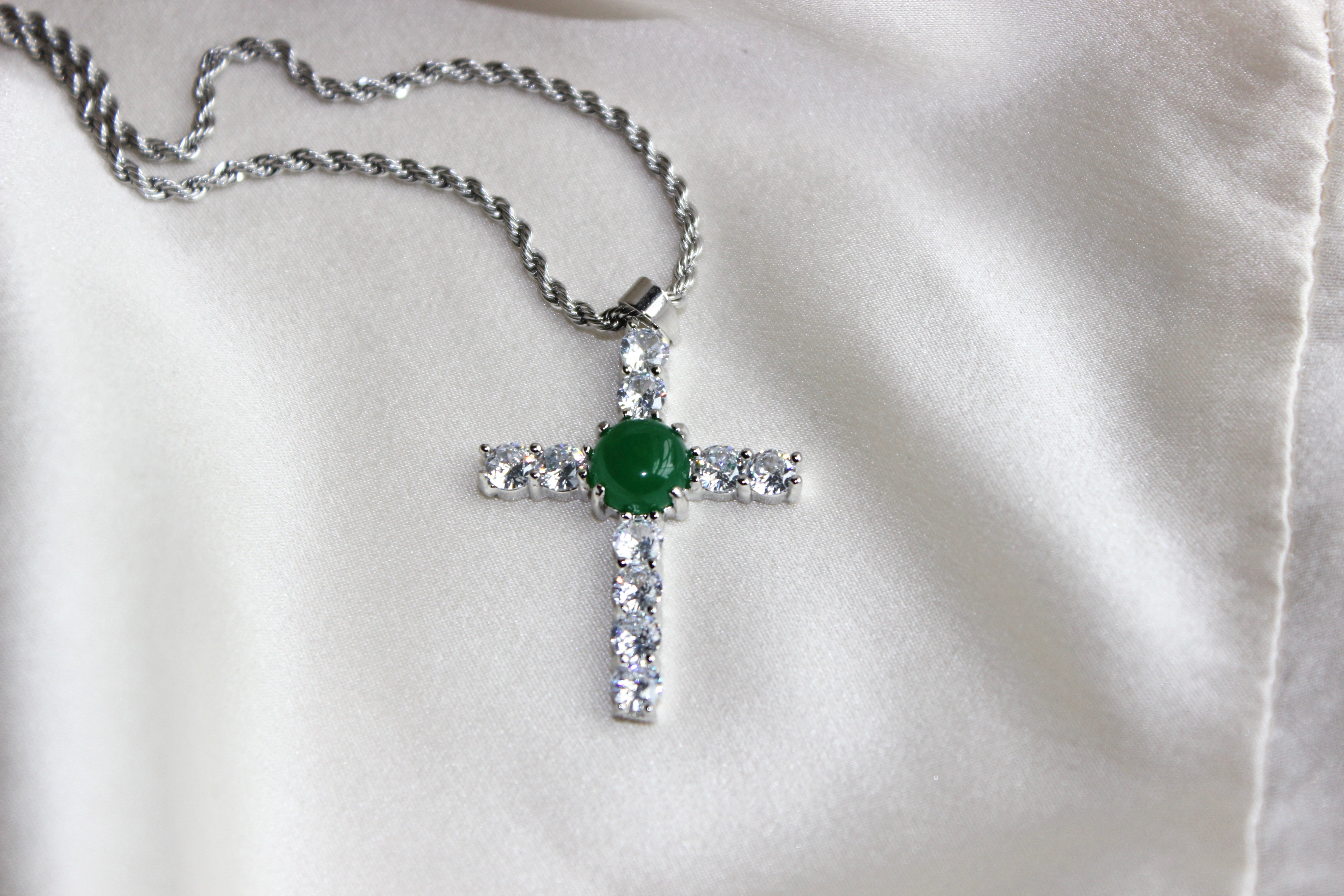 Silver Diamond Cross Jade Pendant Necklace