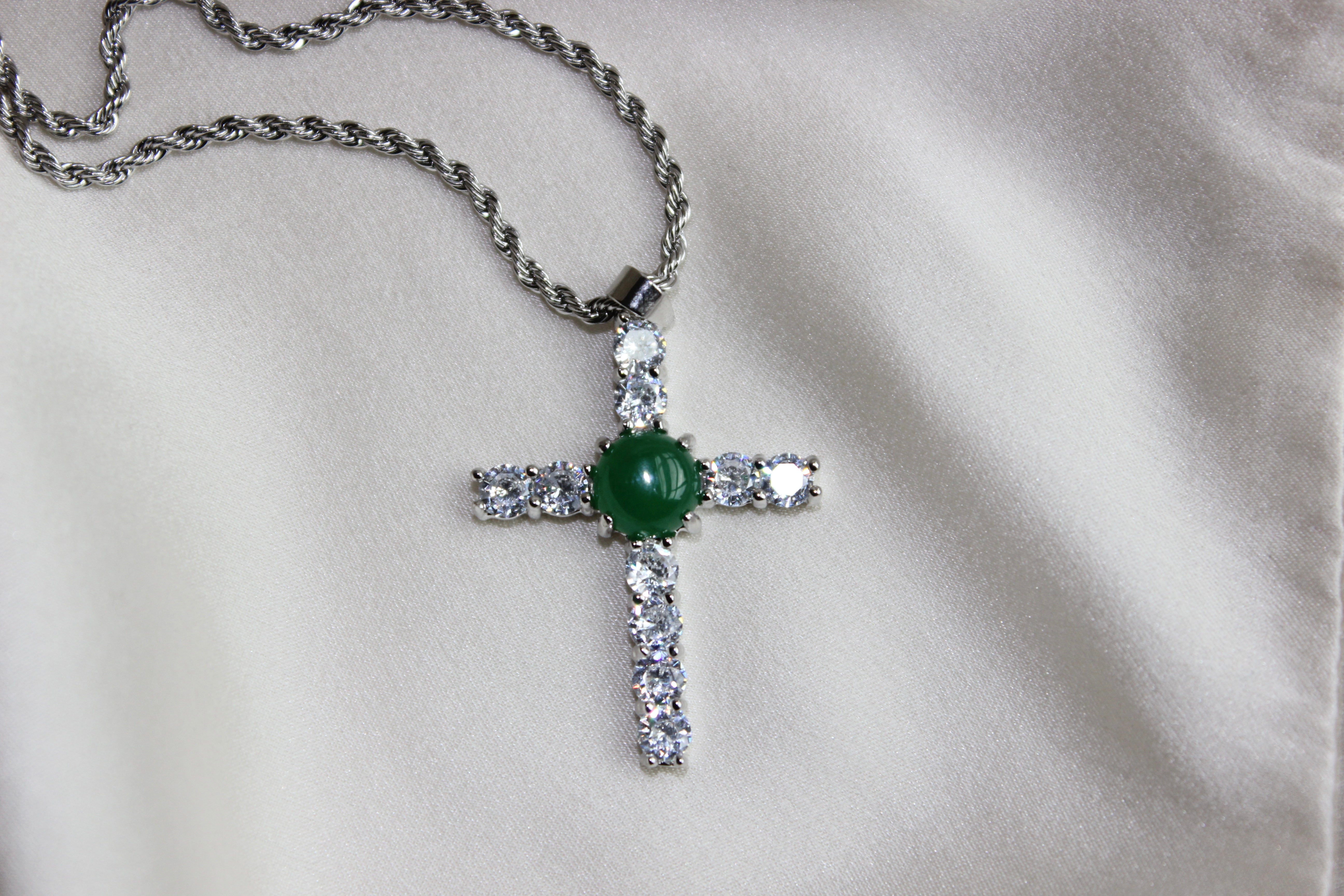 Silver Diamond Cross Jade Pendant Necklace