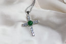 Silver Diamond Cross Jade Pendant Necklace