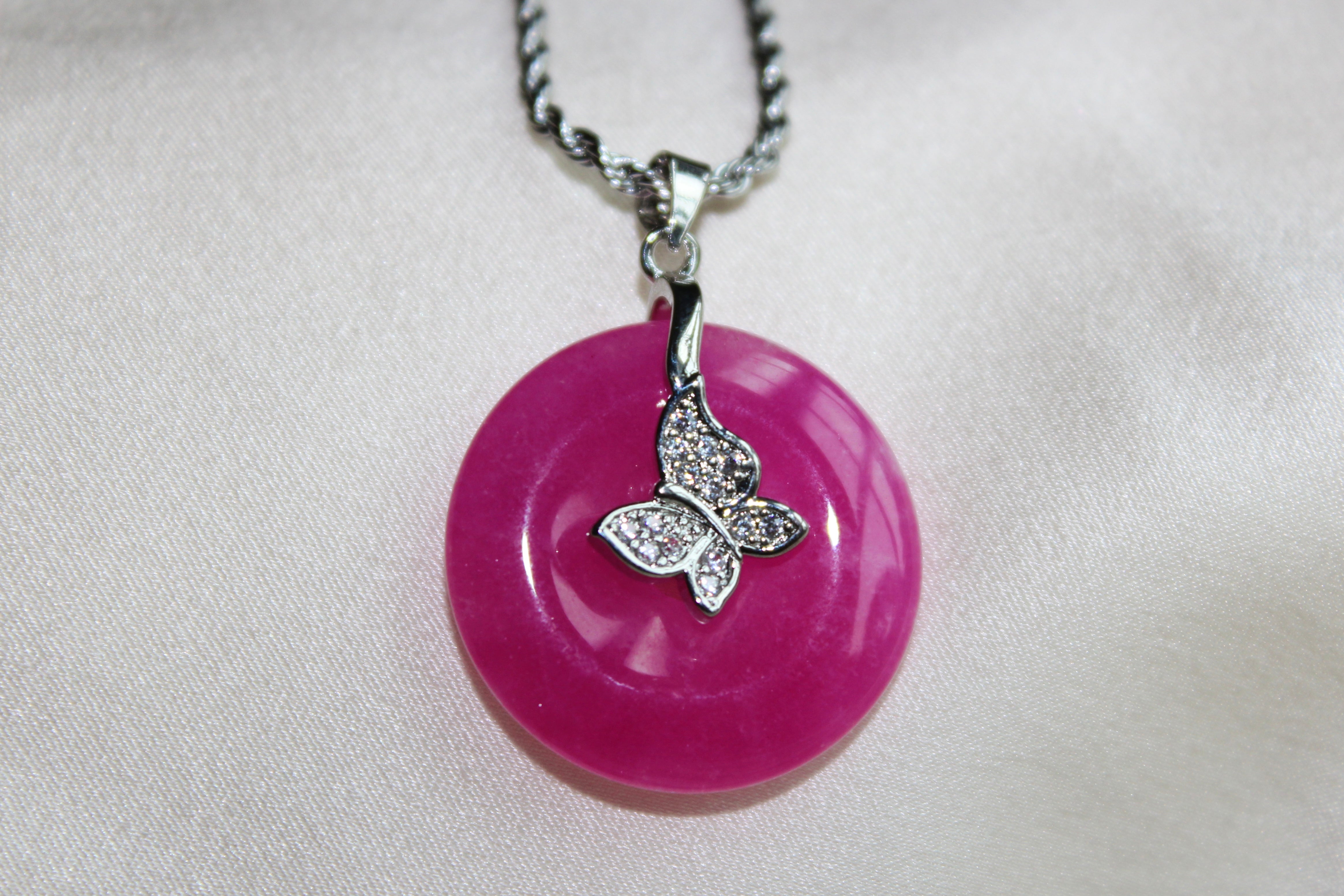 Pink Donut Butterfly Jade Pendant Necklace