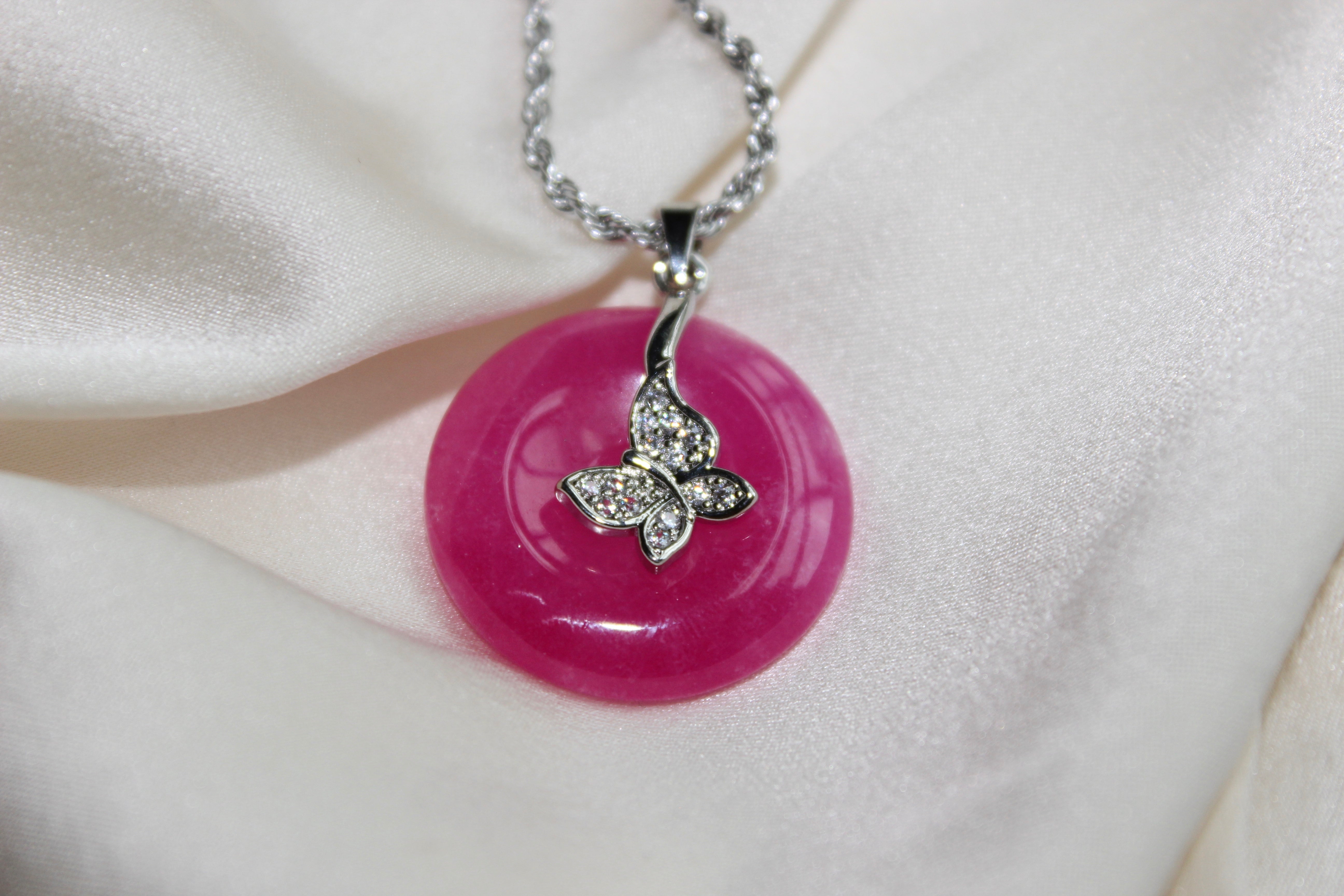 Pink Donut Butterfly Jade Pendant Necklace